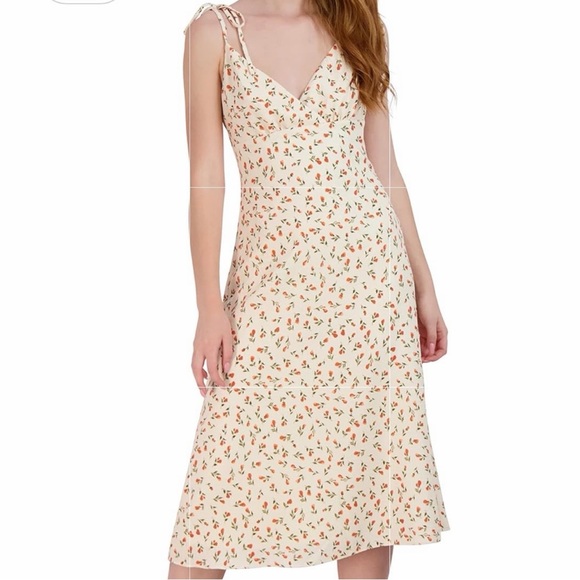 BCBGeneration Cream Floral Midi Dress Tie Straps A-Line Ditsy Floral Sundress - Picture 2 of 8
